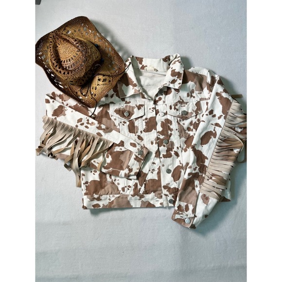 Altar'd State Jackets & Blazers - Altar'd State Cow Print Fringe Denim Jacket Western Coastal Cowgirl Boho Brown M